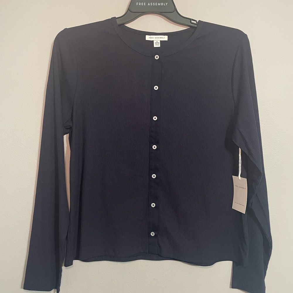 Free Assembly Navy Ribbed Button-Front Cardigan Shirt XL BNWT